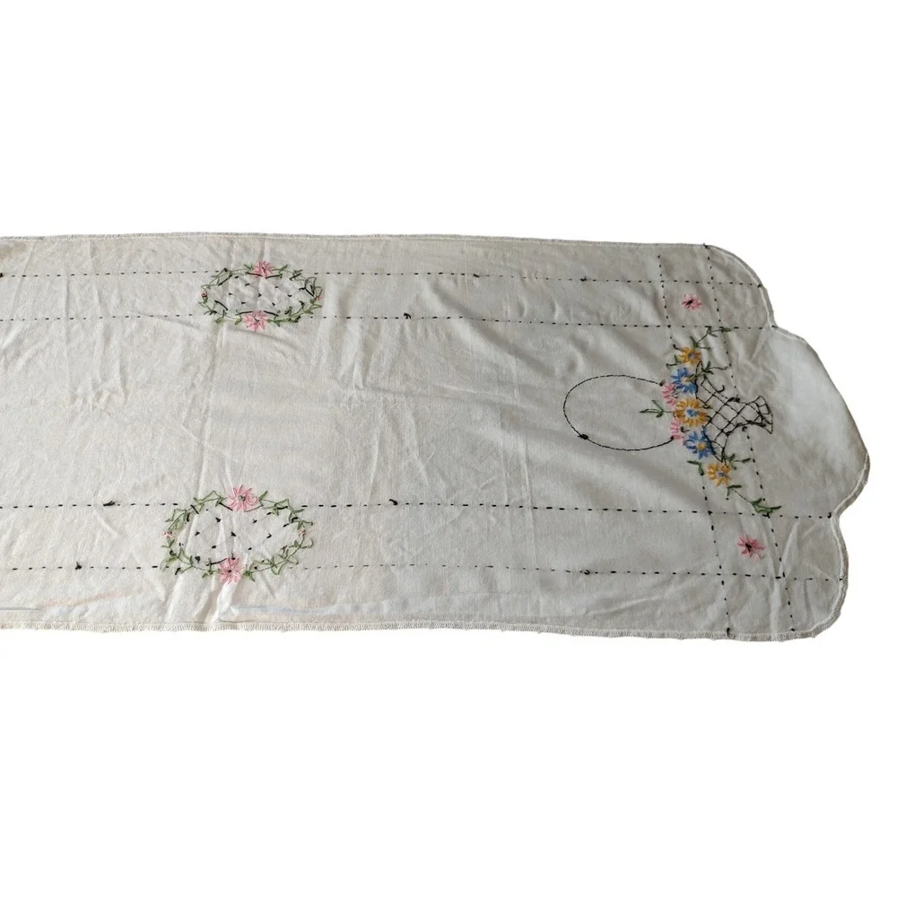 Vintage Handmade Embroidered Table Runner Dresser Runner Floral 43x15.75 In SEE